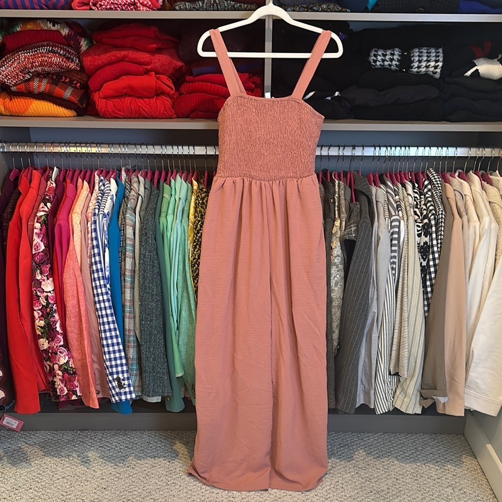 Dokotoo pink smocked bodice jumpsuit size M